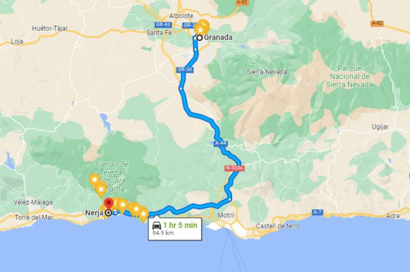Map of day trip from Granada to Nerja