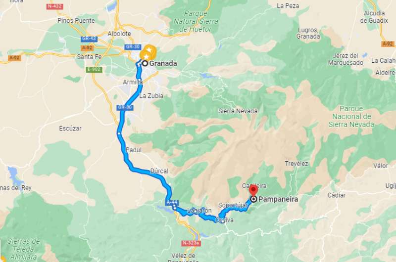 Map of trip from Granada to Alpujarras, Spain