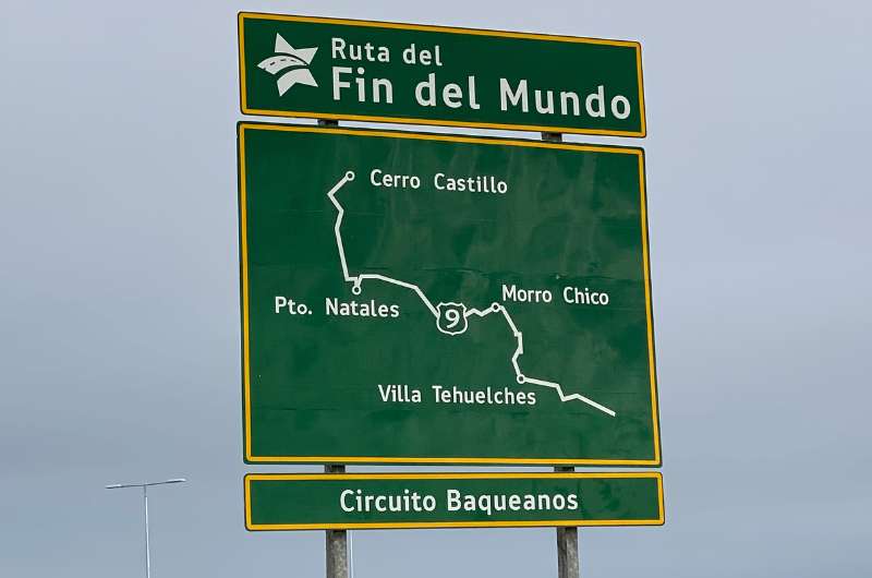 Traveling in Chile, driving, road sign, Puerto Natales