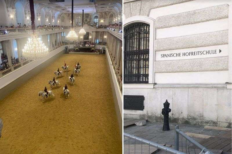 horses exercising in the Spanische Hofreitschule, inetrier of the building and exterior, Vienna, Austria