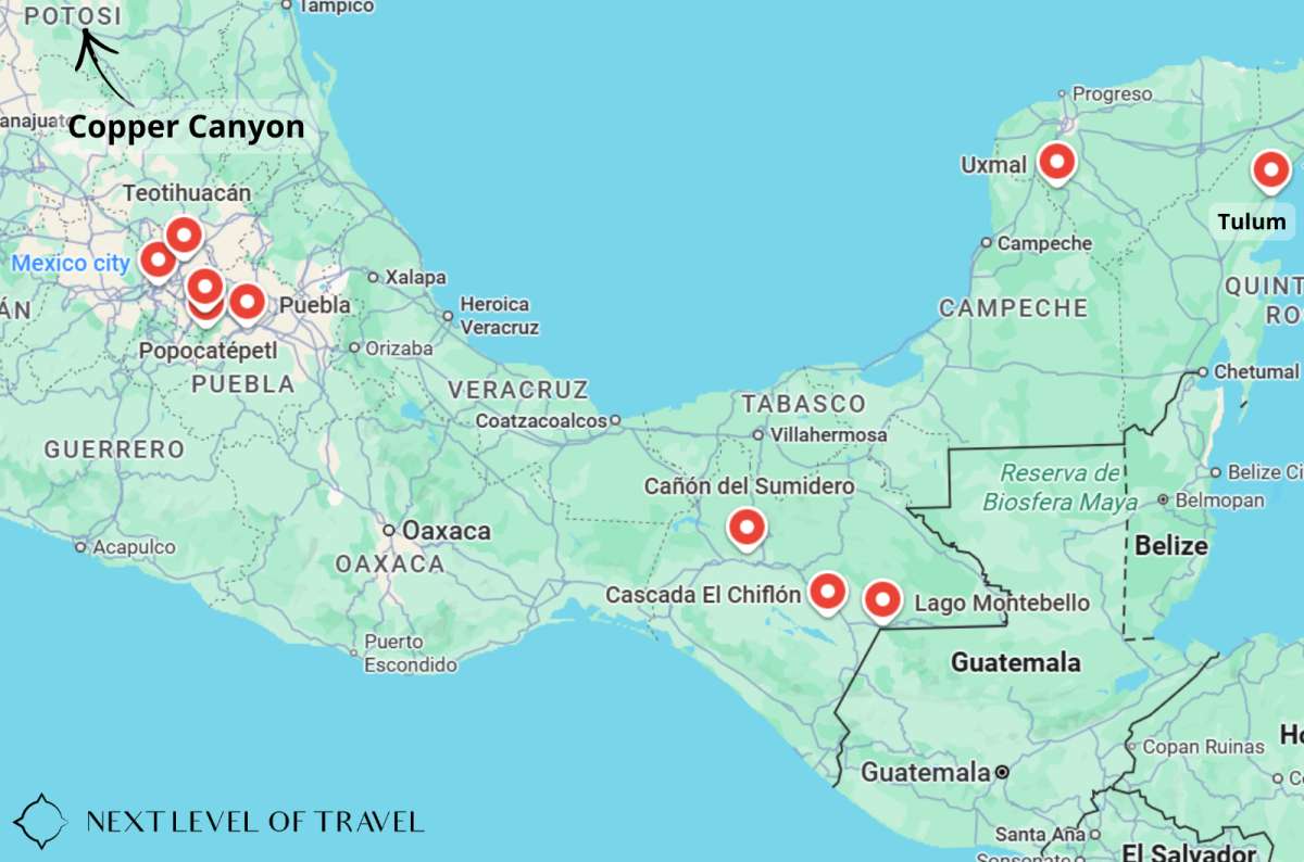 Map of Mexico highlighting top destinations including Mexico City, Teotihuacán, Uxmal, Tulum, Sumidero Canyon, El Chiflón Waterfalls, and others, created by Next Level of Travel