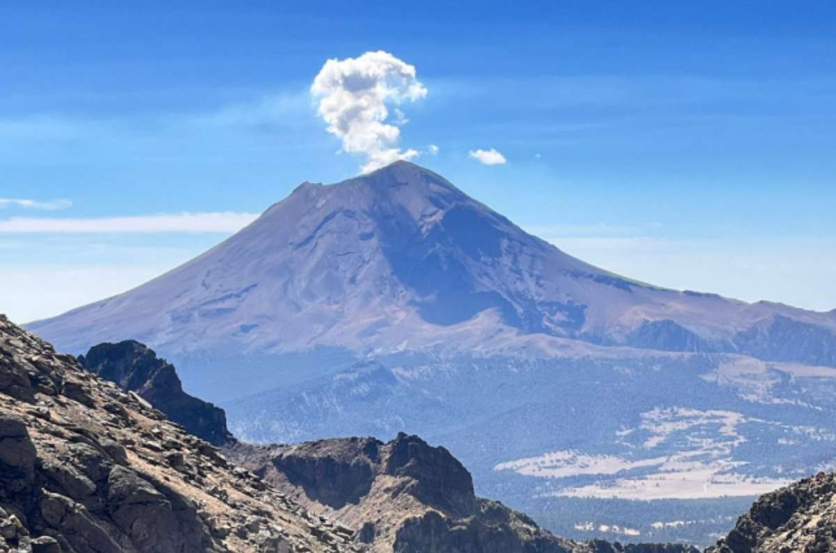 Smoking summit of Popocatépetl volcano seen from Izta-Popo National Park, Mexico