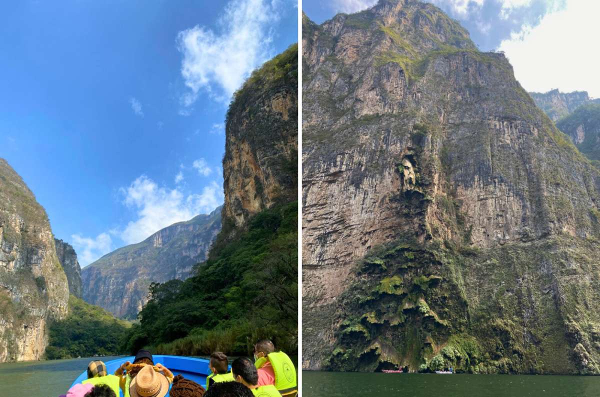 Visitors on a small blue boat beneath towering cliffs in Sumidero Canyon, Chiapas, Mexico, photo by Next Level of Travel