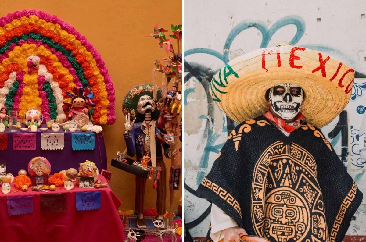 hoto of a Día de los Muertos ofrenda and a person in traditional skull face paint