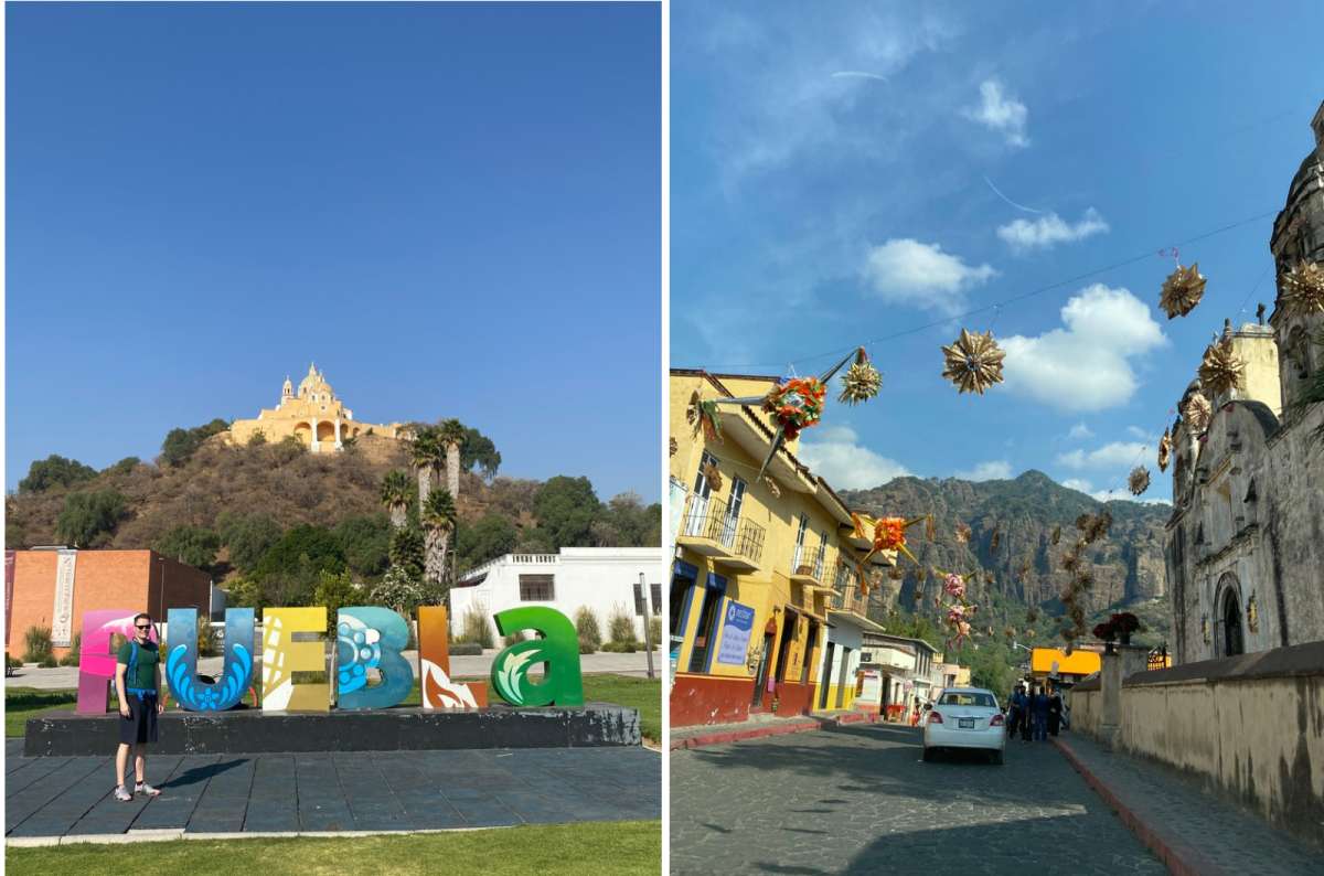 photo of a tourist next to the Puebla city sign with the Church of Our Lady of Remedies, Puebla, Mexico, photo by Next Level of Travel
