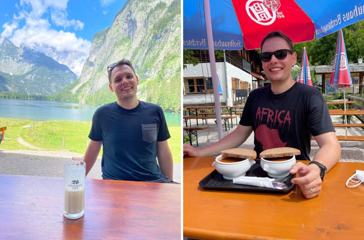 A collage of a tourist in Germany near the Eagle’s Nest. In the first, he sits by a lake with mountains behind him, drinking beer. In the second, he’s at an outdoor restaurant with soup, photo by Next Level of Travel