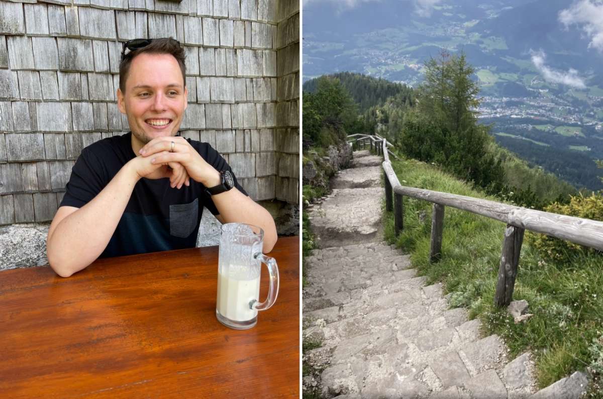 Collage of a tourist smiling with a beer and a trail to Eagle´s Nest, Germany, photo by Next Level of Travel