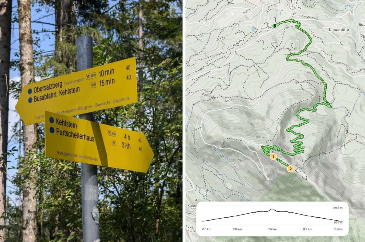Trail signs and map for the hike to the Eagle's Nest in Austria