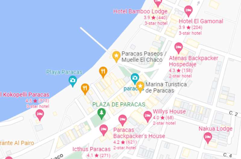 Map showing the El Chaco pier in Paracas, departure point of Islas Ballestas tours
