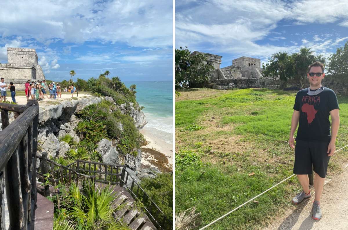 Cliffside view of the Tulum ruins, Mexico, in the summer, and a visitor walking through the archaeological site, photo by Next Level of Travel