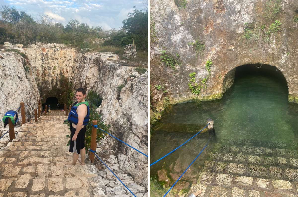 Stone steps leading down into an underground cenote in the Yucatan Peninsula, Mexico, with clear green water, rocky walls, and a visitor at the entrance, photo by Next Level of Travel 