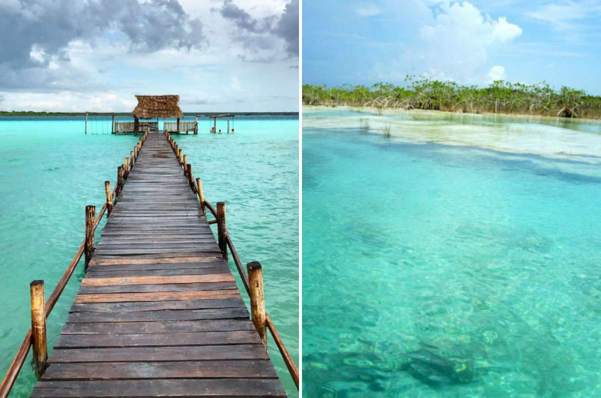 Wooden pier stretching into the turquoise waters of Bacalar Lagoon, Mexico, with shallow crystal-clear water and mangroves in the background