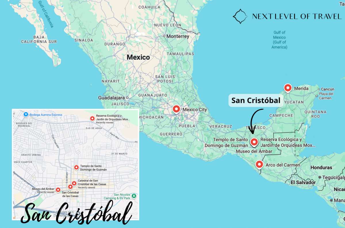 a map of the top attractions in San Cristóbal de las Casas, including the Museum of Amber, Santo Domingo Church, the Cathedral, and Arco del Carmen, graphic by Next Level of Travel