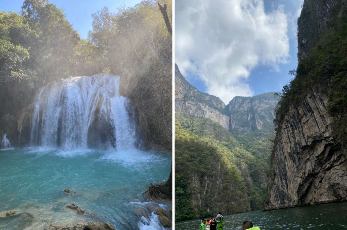 a photo of a wide, veil-like waterfall spilling into a turquoise pool at El Chiflón next to a photo of the Sumidero Canyon, Mexico, photo by Next Level of Travel
