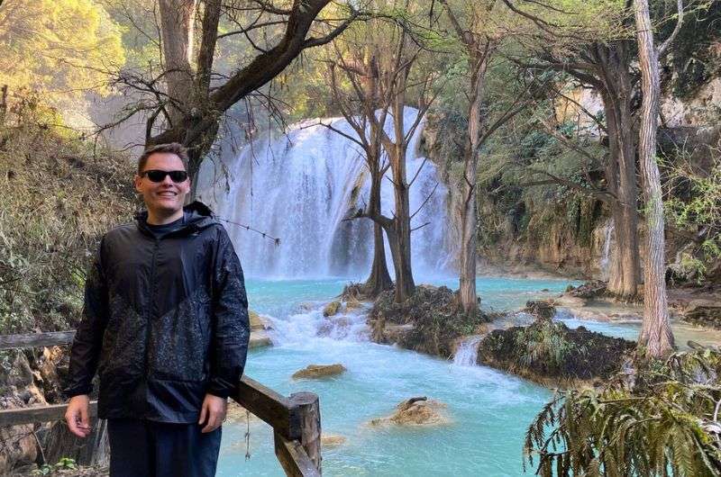 A tourist at Chiflon waterfalls, San Cristobal