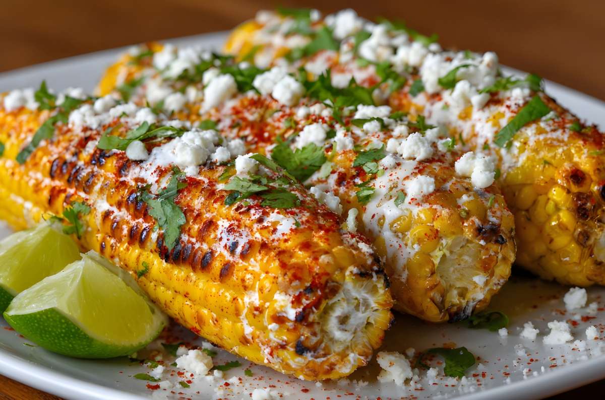 a photo of Elote, a traditional mexican food served on a plate, covered in green leaves with lime, Mexico