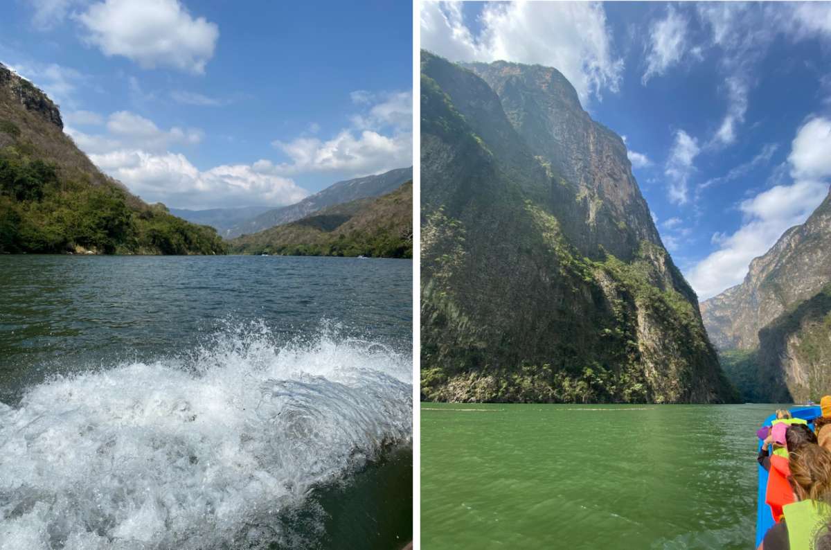 a collage of photos showing the beautiful water in the Sumidero Canyon with a boat full of tourists visible on the right side, Mexico, photo by Next Level of Travel