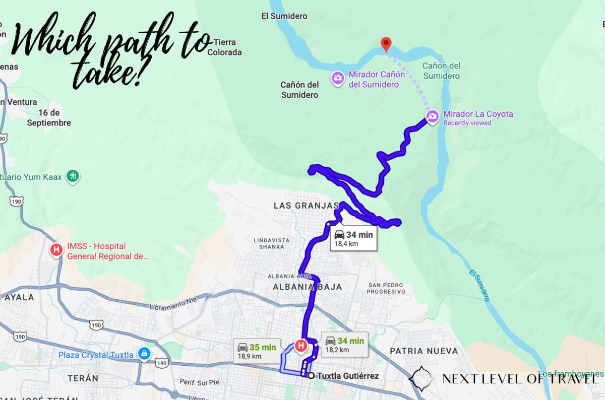 a map showing the route from Tuxla to the Sumidero Canyon, the path is mapped out for a car, Mexico, map by Next Level of Travel