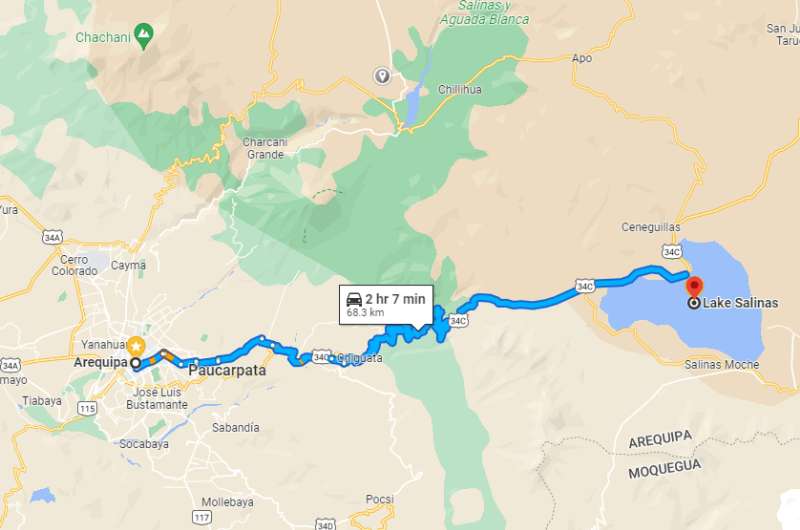 A map showing the drive from Arequipa to Salinas
