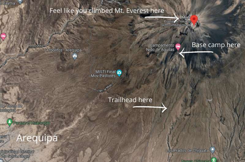 Map of route from Arequipa to El Misti hike