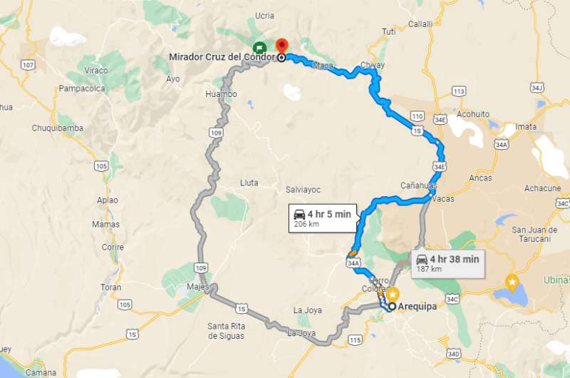 Map of the drive from Arequipa to Colca Canyon, Peru