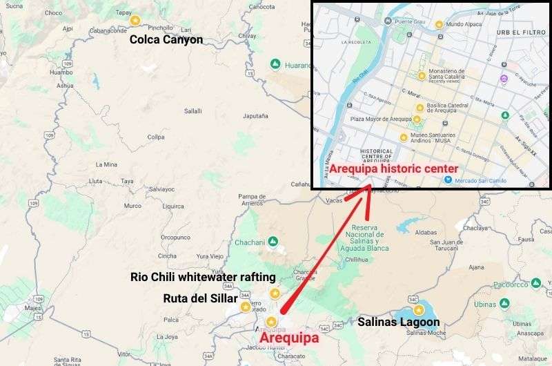 Map of things to do in Arequipa, Peru, map by Next Level of Travel 