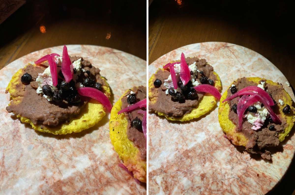 a collage of photos of a traditional Mexican meal, showing  grasshopper tacos, Mexico, photo by Next Level iof Travel