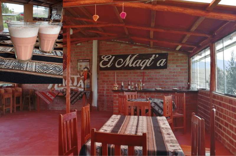 The interior and chicha beer at El Maqt’a Restaurant in Sacred Valley Peru