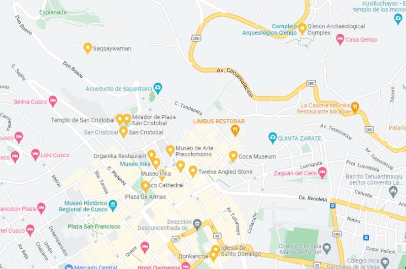 Map of Cusco city with highlights showing best things to do in Cusco
