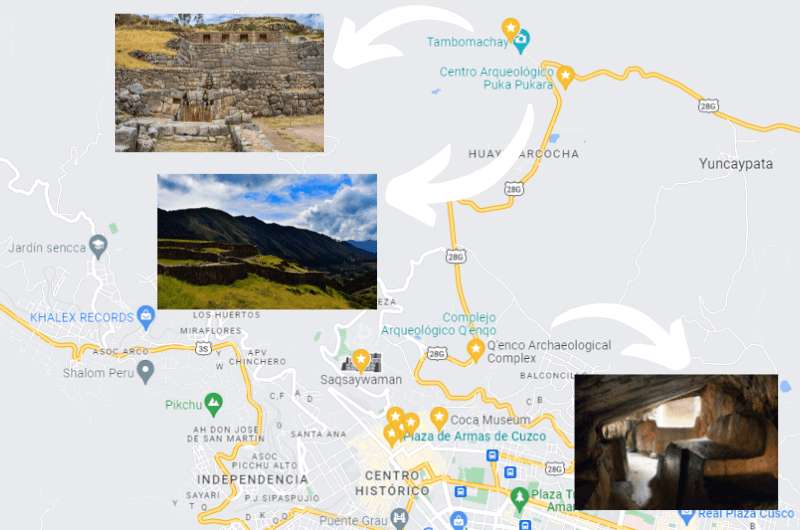 Tambomachay, Qenco and Puka Pukara on a map, some of the best things to do in Cusco
