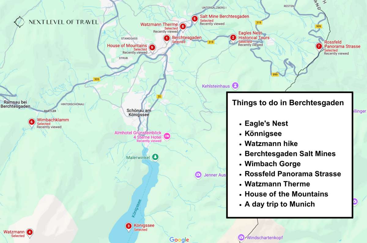 A map showing an overview of the places mentioned in the article, Berchtesgaden, Germany