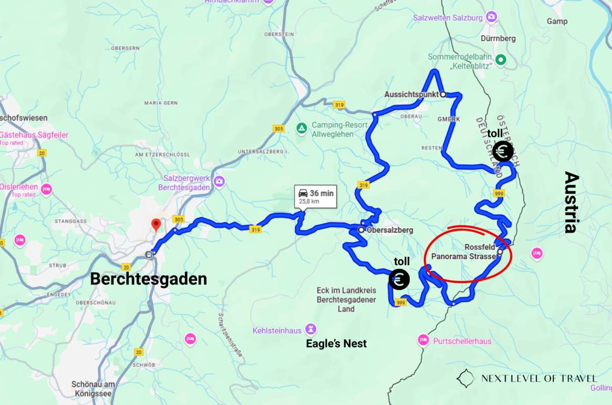 Map showing route from Berchtesgaden to Rossfeld Panorama Road through Obersalzburg, top activity in Berchtesgaden