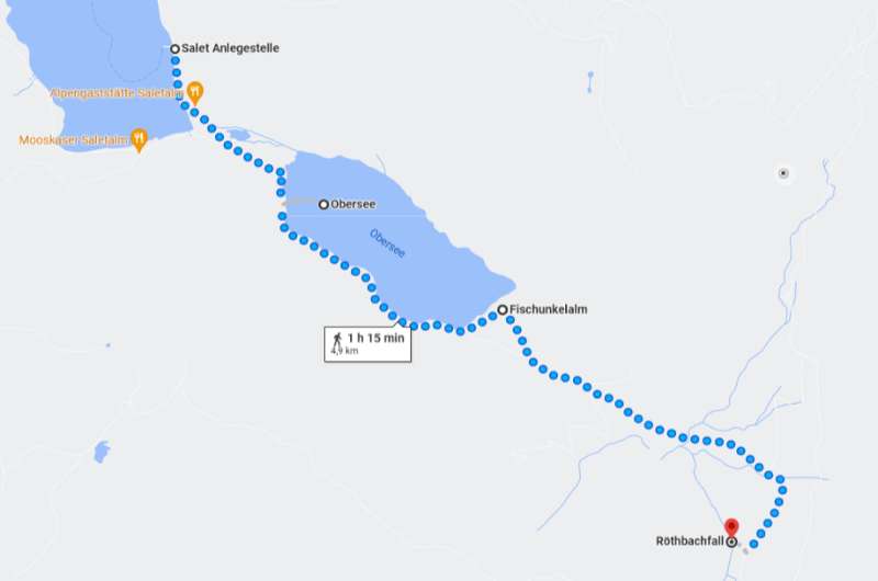 Map with trail from Königssee to Röthbach Waterfall (Berchtesgaden)