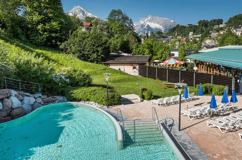 One of the outdoor pools at the Watzman Therme thermal baths in Berchtesgaden 