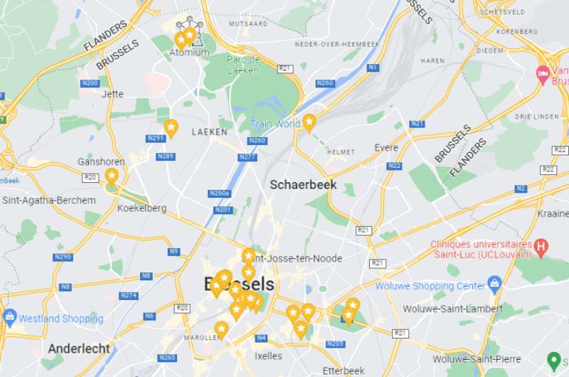 A map showing the locations of the best things to see in Brussels