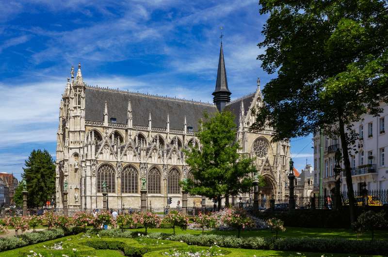 The Church of Our Lady of victories at the Sablon and park in Brussels