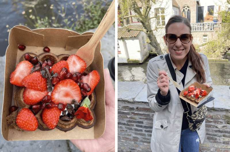 Enjoying strawberry waffles by the canals of Bruges Belgium