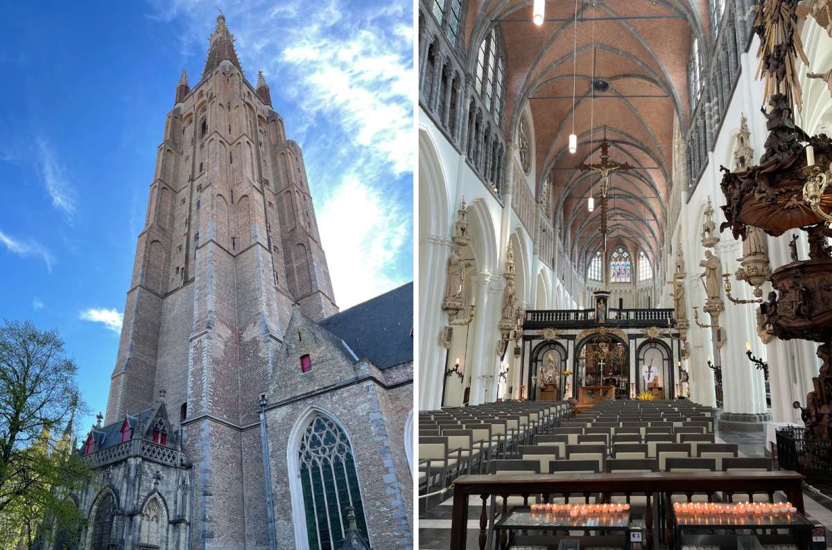 Exterior and interior of the Church of Our Lady in Bruges, Belgium, one of the top sights when looking for what to see in Bruges, photo by Next Level of Travel