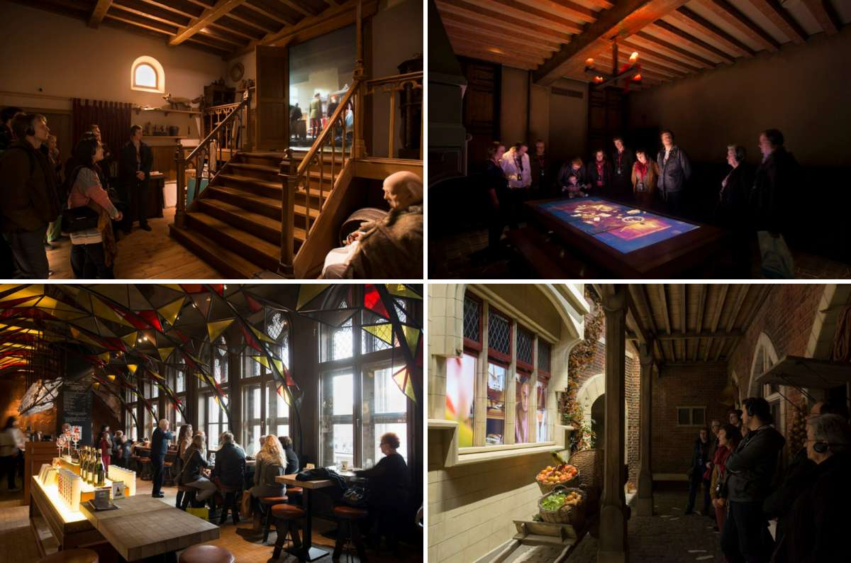 Interactive exhibits, medieval interiors, and a cozy bar at the Historium Bruges museum in Bruges, Belgium