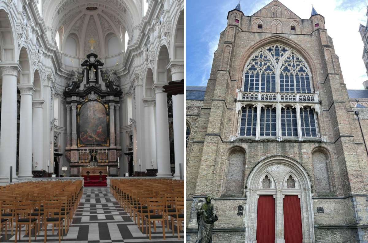Left: Interior of St. Walburga's Church (Sint-Walburgakerk) in Bruges, Belgium and right: exterior of Sint-Salvatorskathedraal in Bruges, Belgium, photo by Next Level of Travel