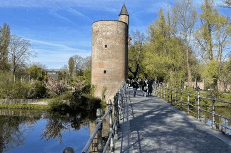 Lovers’ Bridge view to the tower at the end, Bruges