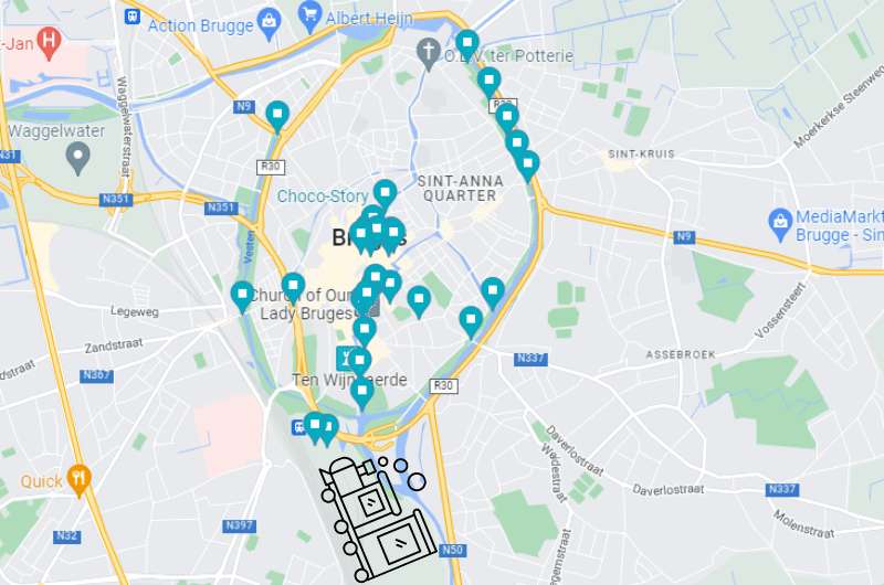 Map showing the Bruges city center