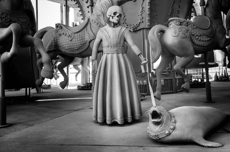 Skulls on the carousel at the Sint-Walburgakerk in Bruges, Belgium