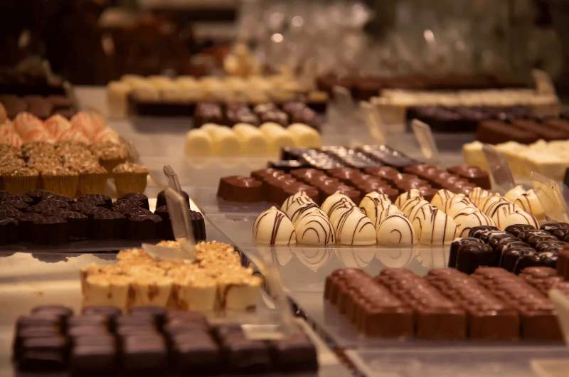 A display of different Belgian pralines