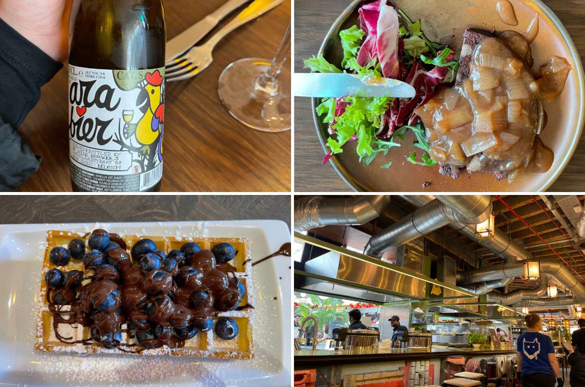 Belgian food culture in Brussels with traditional beef stew stoofvlees, waffles with chocolate, local beer, and a modern restaurant interior, photo by Next Level of Travel