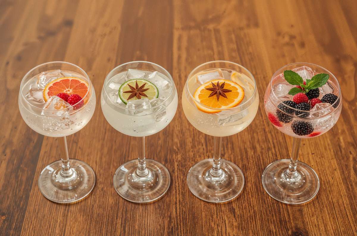 Four colorful glasses of Belgian jenever served with fruit and spices on a wooden table