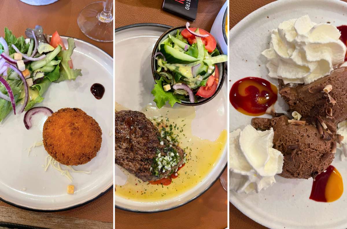 Three-course meal served at a Belgian restaurant, featuring a croquette with salad, a steak main with greens, and chocolate mousse with whipped cream and sauces, photo by Next Level of Travel