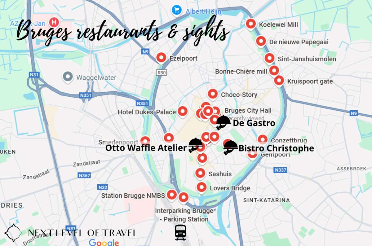 Custom map of Bruges, Belgium, highlighting key attractions, restaurants, and landmarks, created by Next Level of Travel