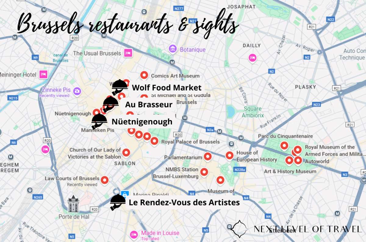 Custom map of Brussels, Belgium, showing popular attractions and recommended restaurants,  created by Next Level of Travel
