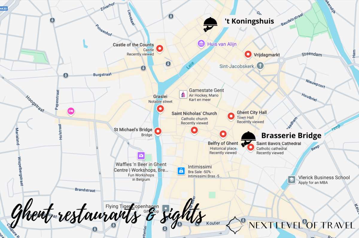 Custom map of Ghent, Belgium, showing key landmarks, bridges, churches, and recommended restaurants, created by Next Level of Travel